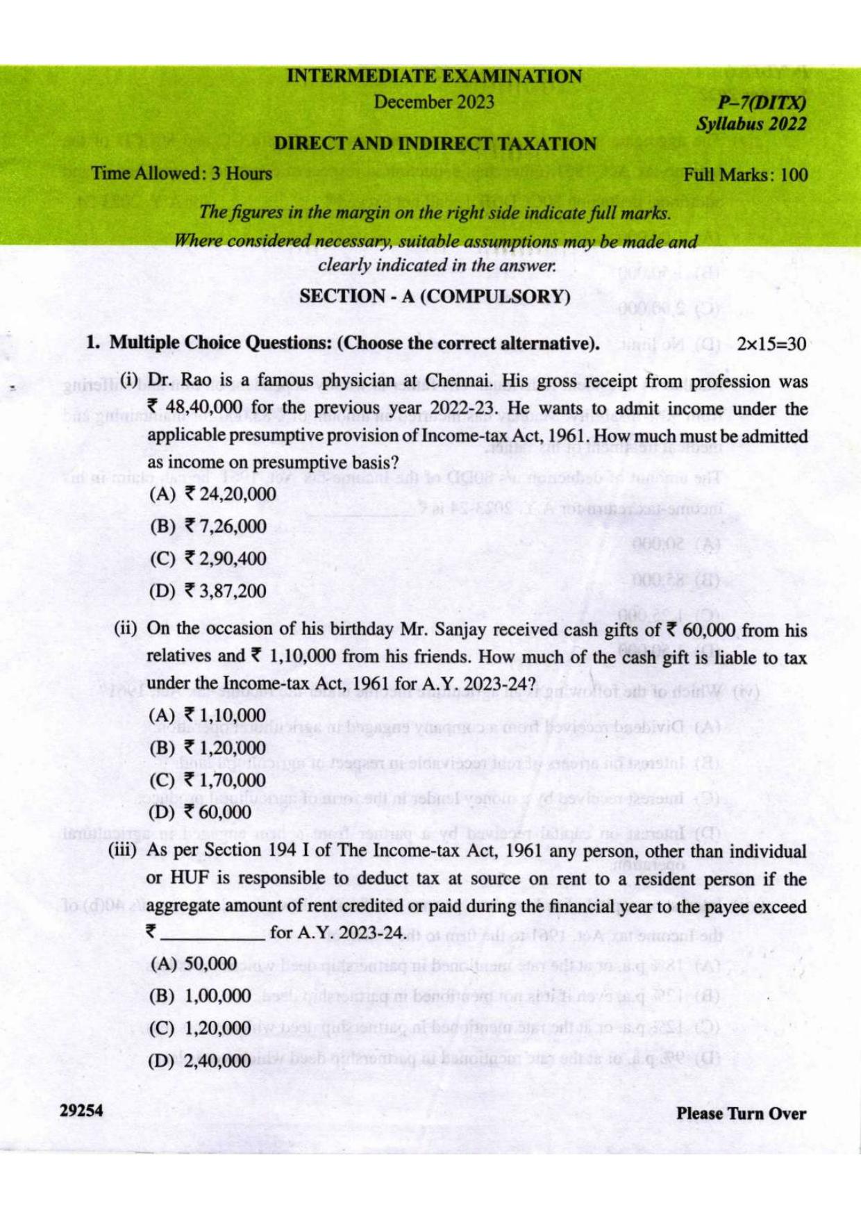 ICMAI Intermediate December 2023 Question Paper - Direct And Indirect Taxation - Page 1