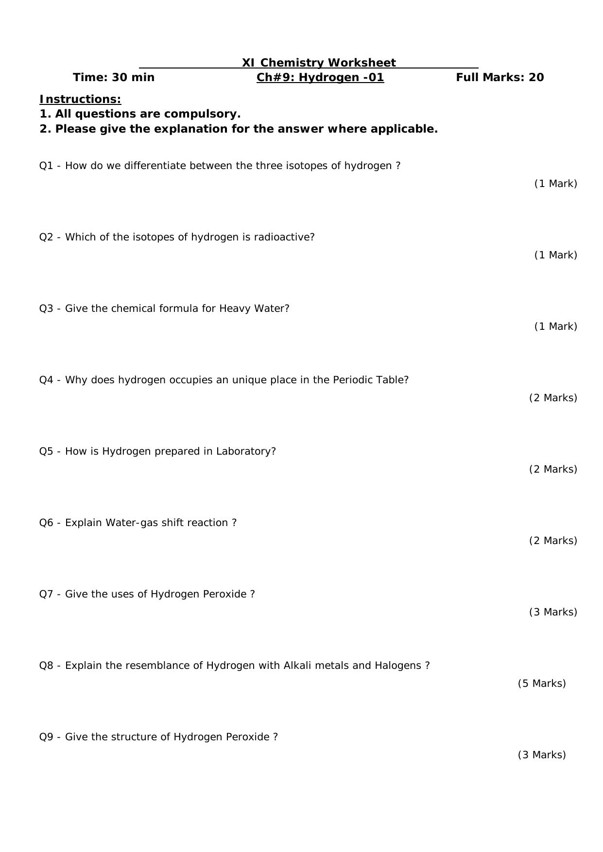 CBSE Worksheets for Class 11 Chemistry Hydrogen Assignment 1 - Page 1