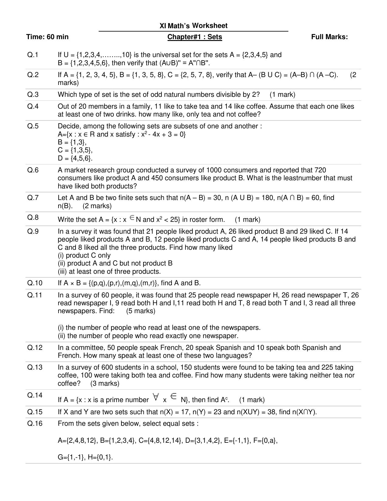 CBSE Worksheets for Class 11 Mathematics Set Theory Assignment 1 - Page 1