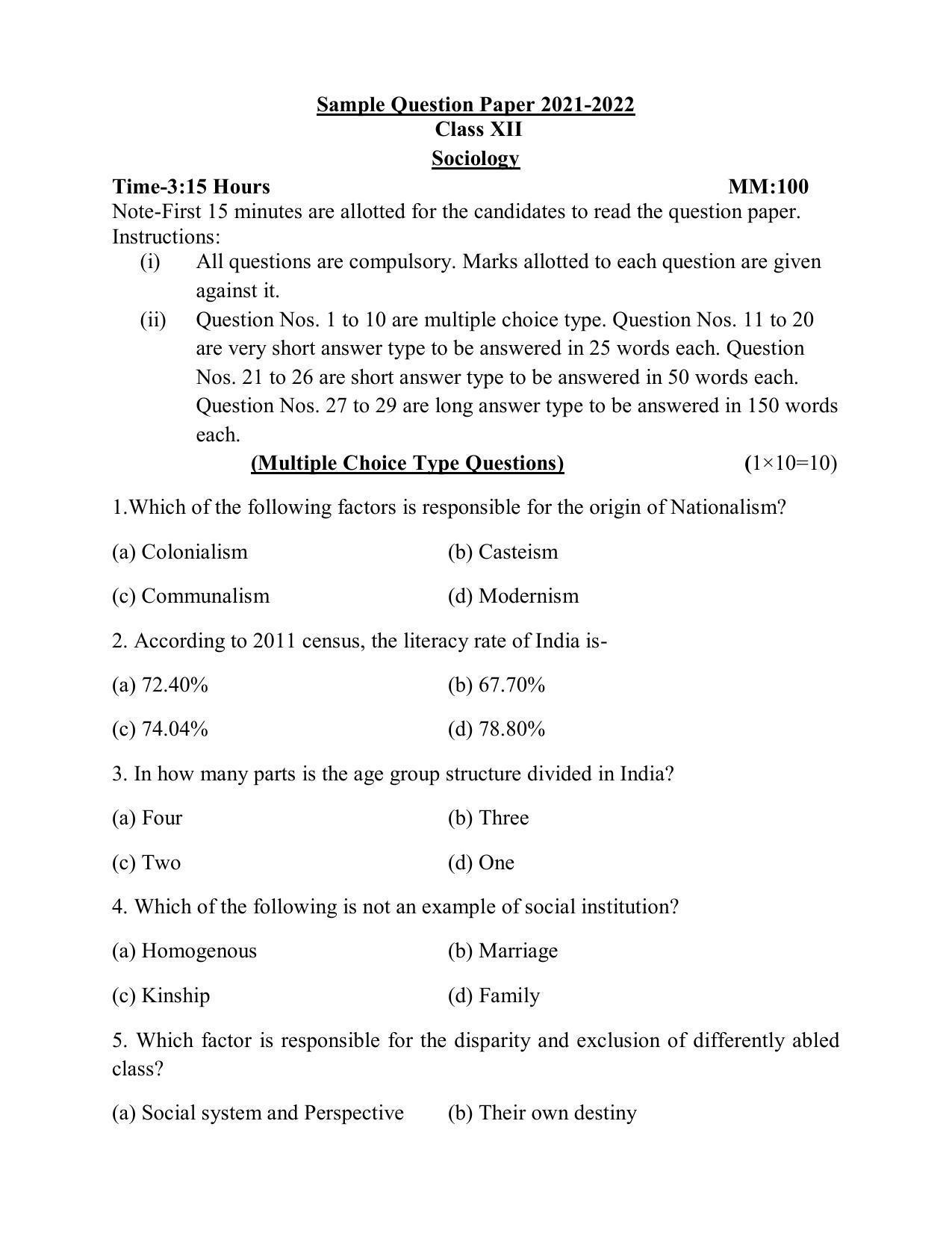 Up Board Class 12 Sociology Model Papers 2023 Indcareer Docs 9009