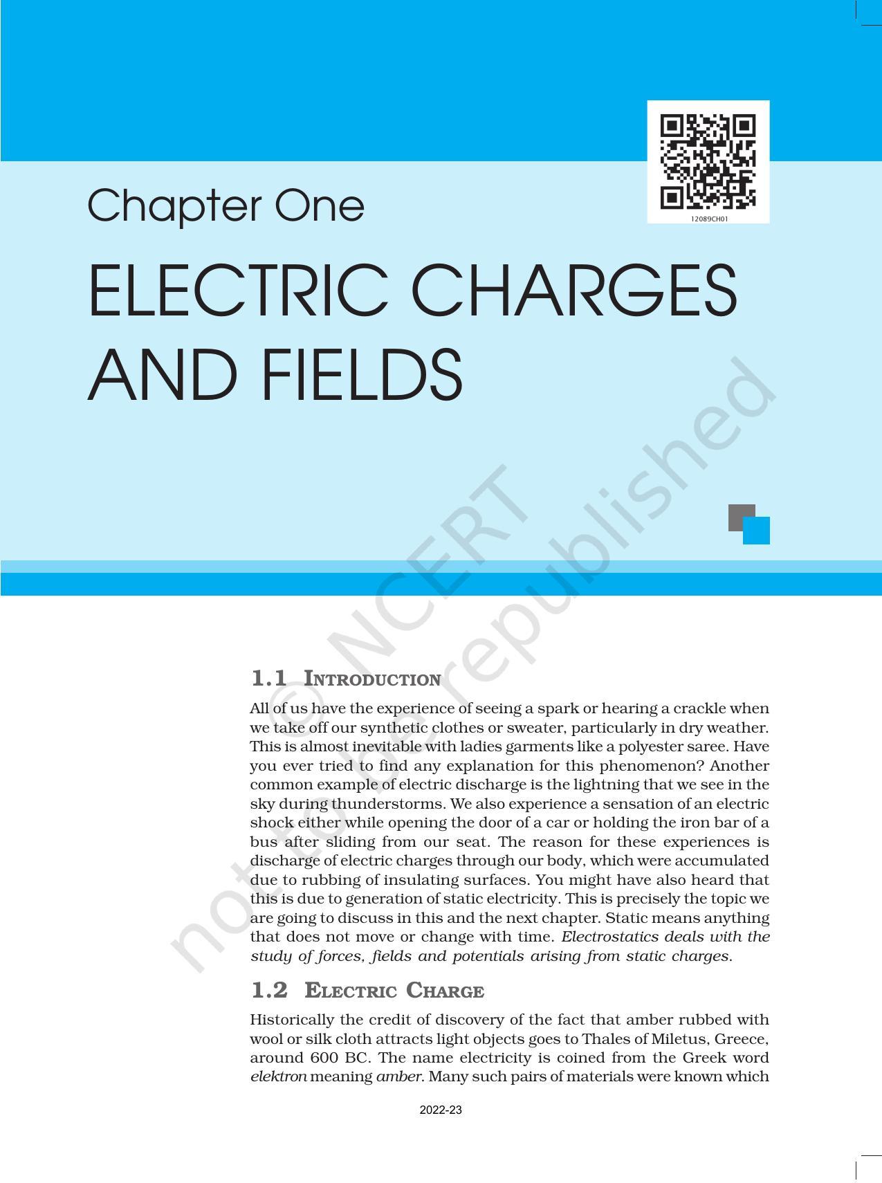 NCERT Book for Class 12 Physics Chapter 1 Electric Charges and Fields - Page 1