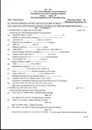 Bilaspur University Question Paper June 2022:M.A. Psychology (Fourth ...