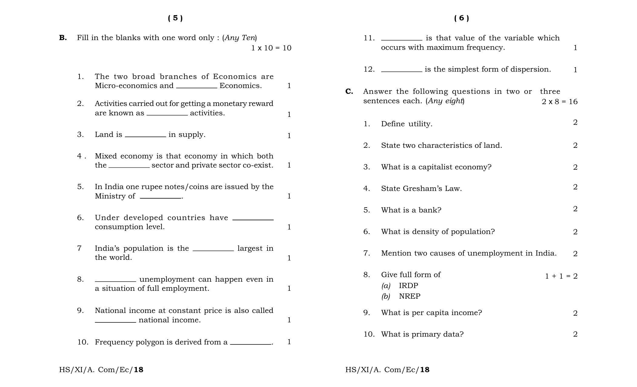 Meghalaya Board Mbose Class 11 Economics 2018 Question Paper Indcareer Docs 8012