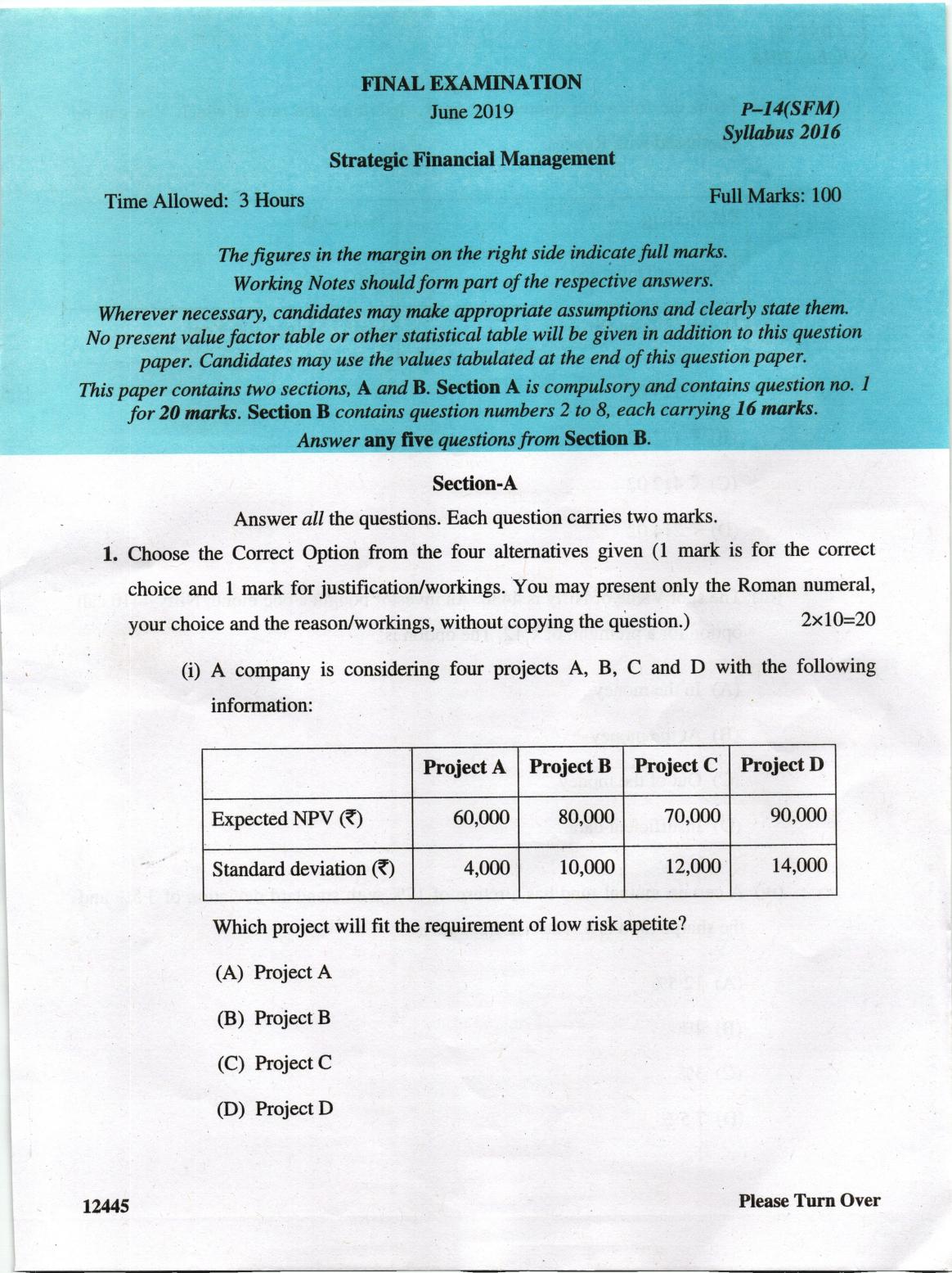 ICMAI June 2019 Strategic Financial Management Question Paper (Final