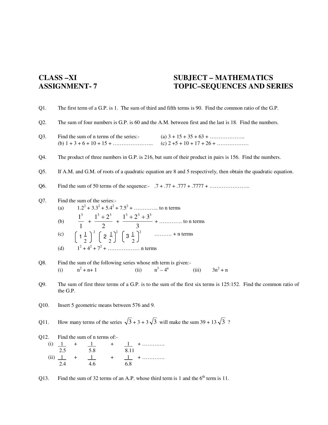 CBSE Worksheets for Class 11 Mathematics Sequences and Series Assignment 8 - Page 1