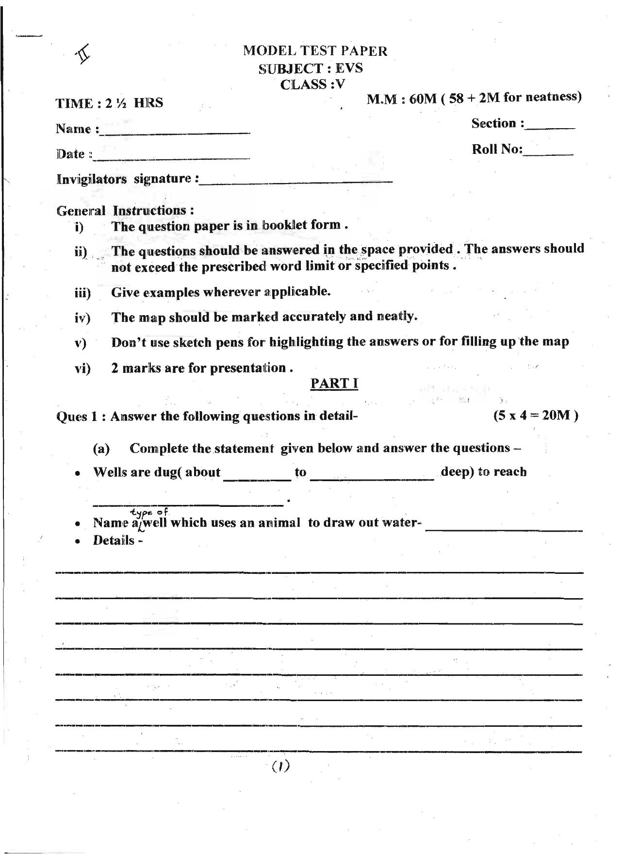 Worksheet for Class 5 Environmental Studies Assignment 3 - Page 1