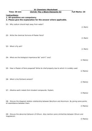 CBSE Worksheets for Class 11 Chemistry The s-Block Elements Assignment 2