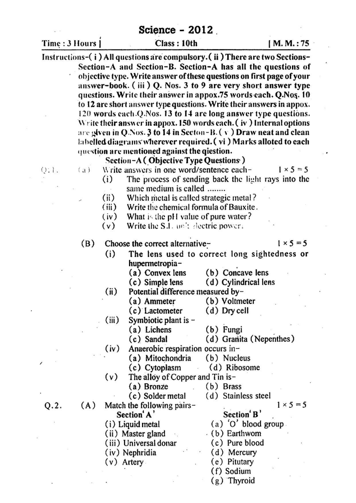 MP Board Class 10 Science (English Medium) 2012 Question Paper - Page 1