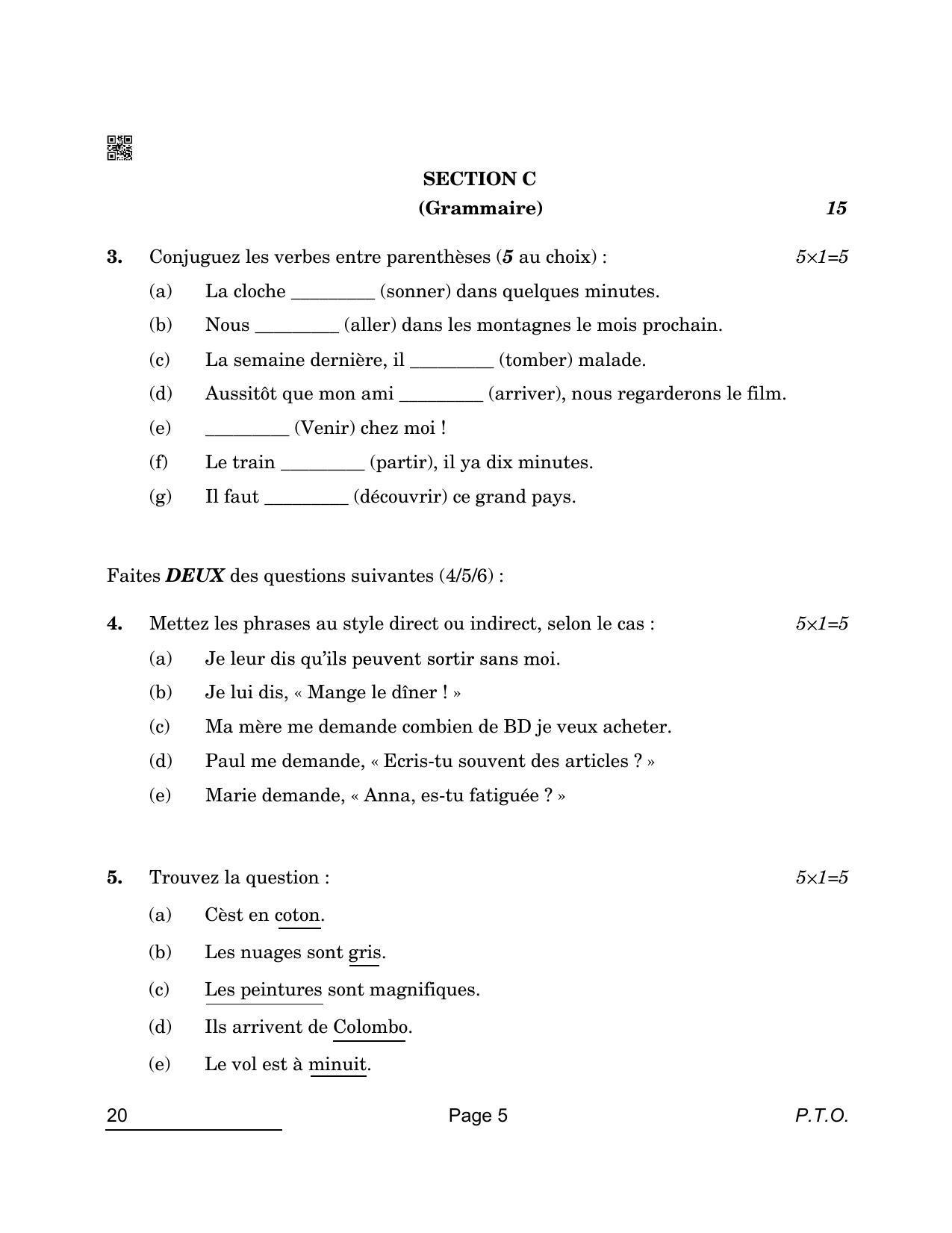 CBSE Class 10 20 French 2022 Compartment Question Paper - IndCareer Docs