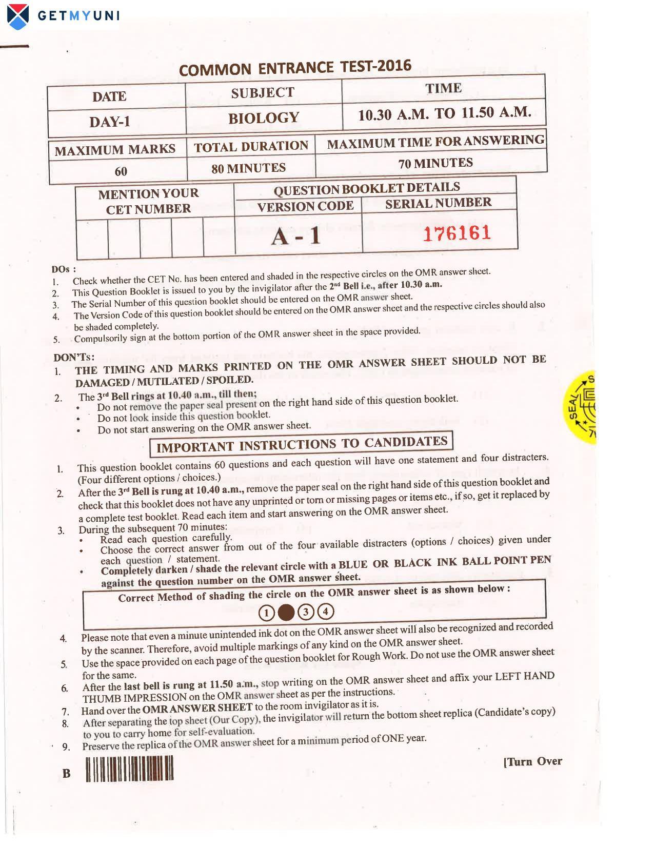 KCET Biology 2016 Question Papers - Page 1