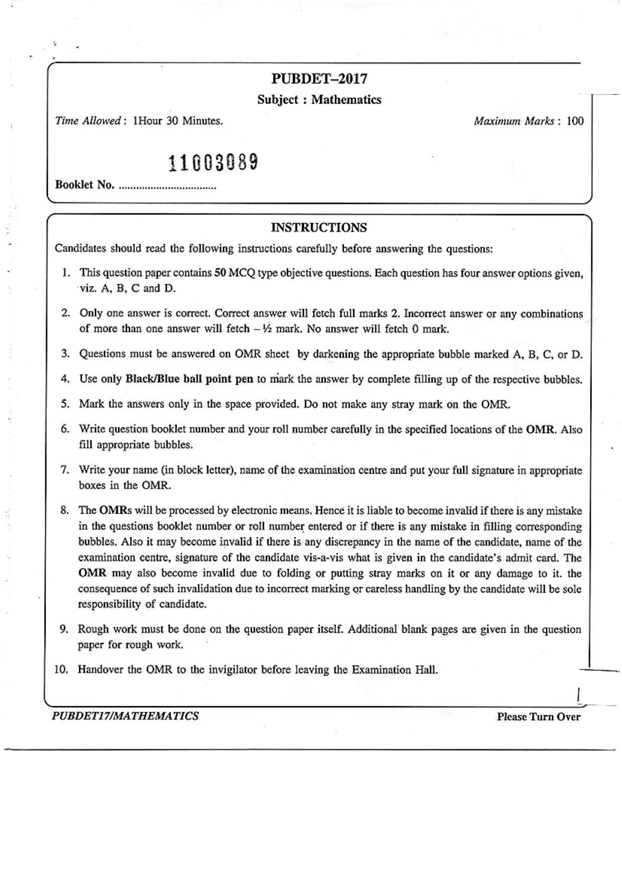 PUBDET 2017 Mathematics Question Paper - Page 1