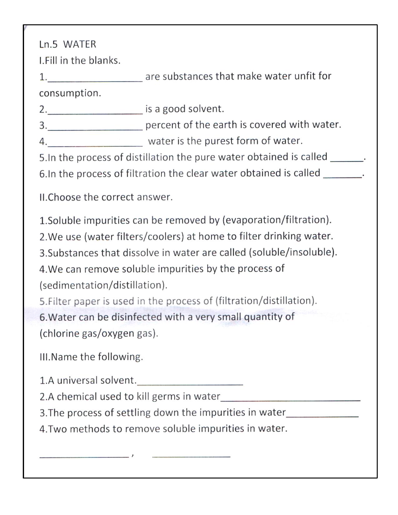 Worksheet for Class 5 Science Water Assignment 3 - Page 1