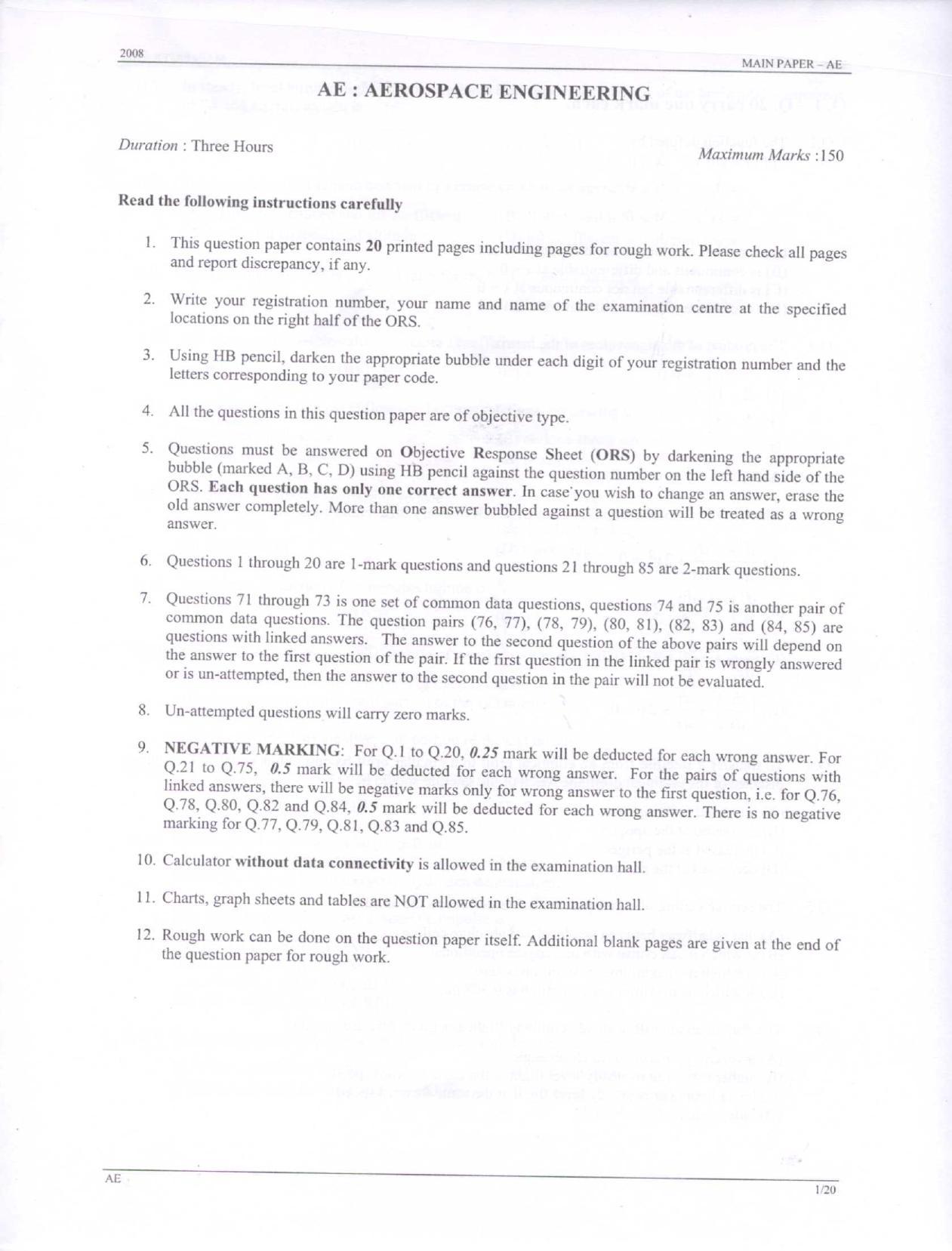 GATE 2008 Aerospace Engineering (AE) Question Paper With Answer Key ...