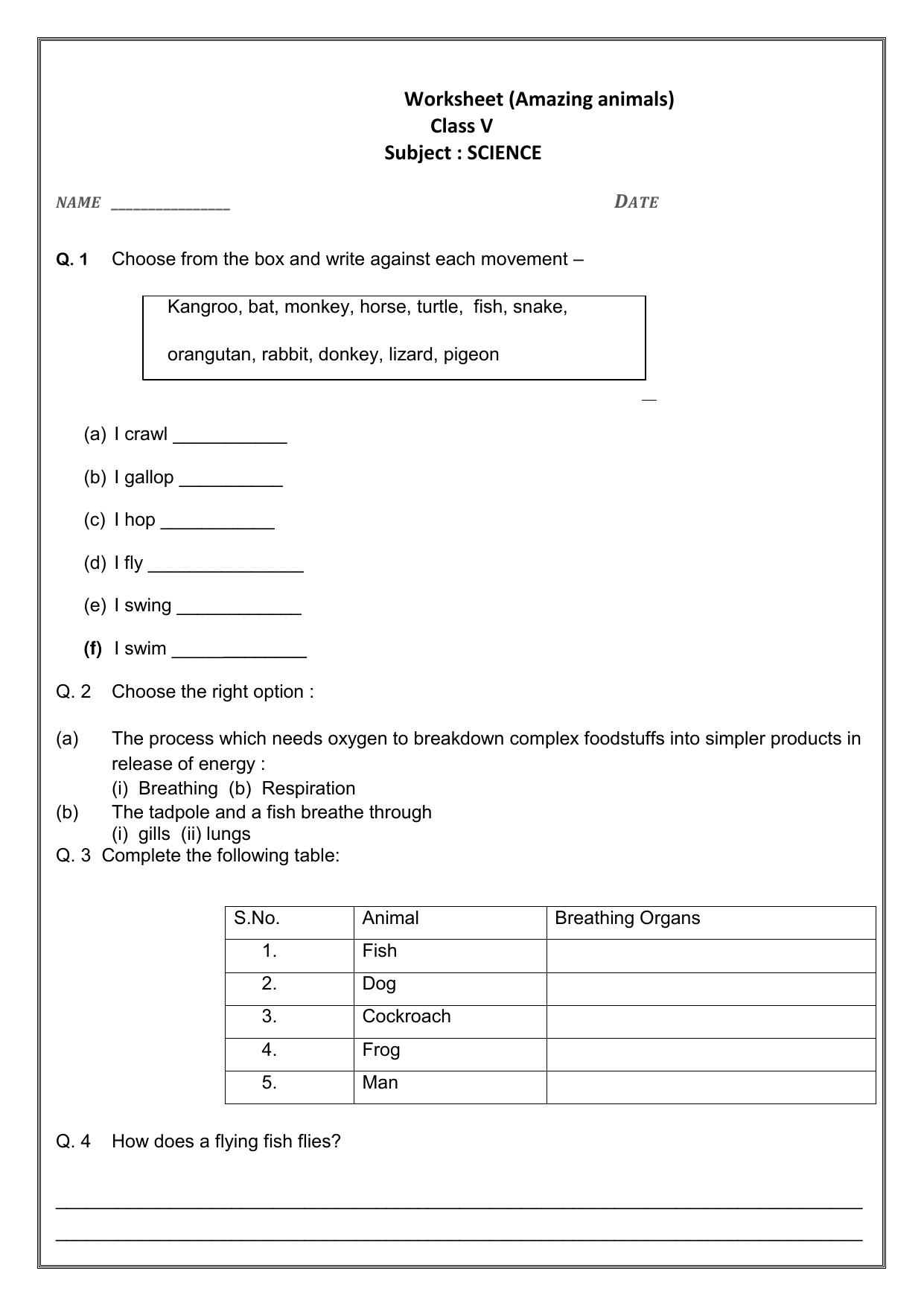 Worksheet for Class 5 Science Amazing Animals Assignment 33 - Page 1
