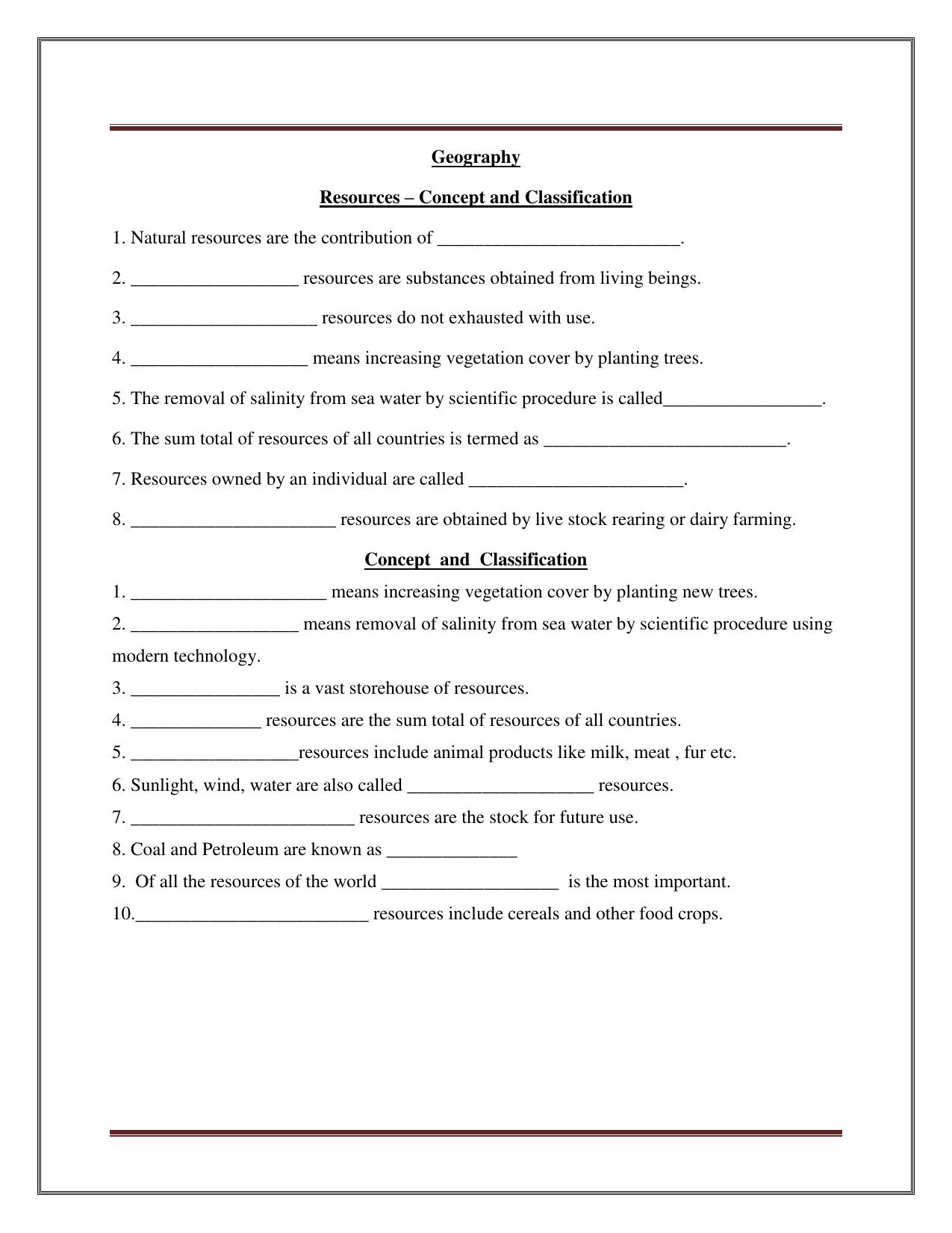 CBSE Worksheets for Class 8 Social Science Resources Concept and Classification Assignment - Page 1