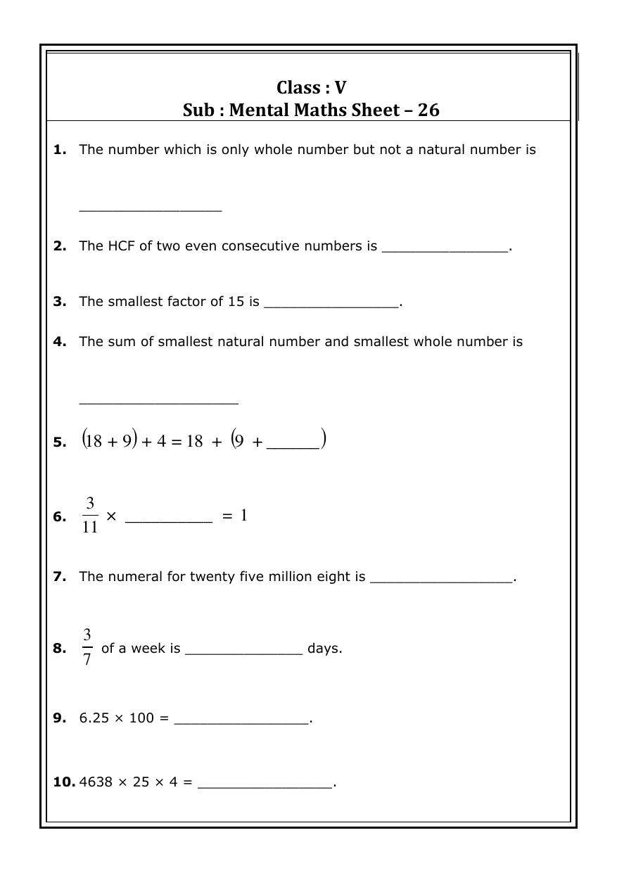 Worksheet for Class 5 Maths Mental Maths Assignment 1 - Page 1