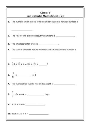 Worksheet for Class 5 Maths Mental Maths Assignment 1