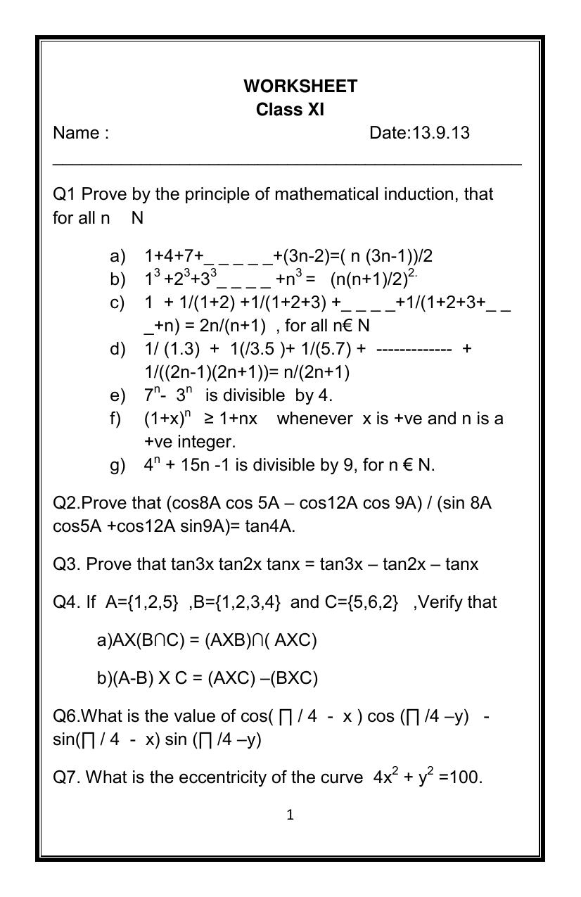 CBSE Worksheets for Class 11 Mathematics Sample Paper 2014 Assignment 1 - Page 1