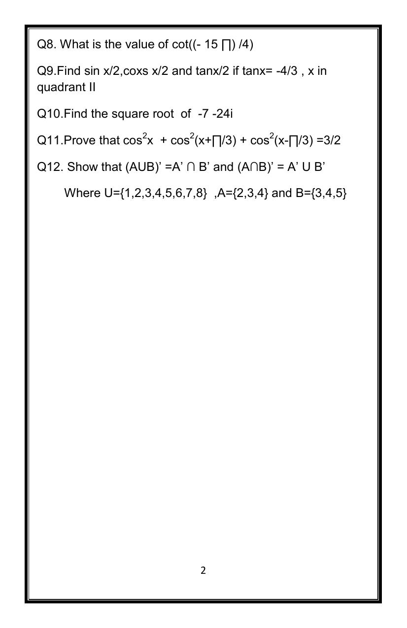 CBSE Worksheets for Class 11 Mathematics Sample Paper 2014 Assignment 1 - Page 2