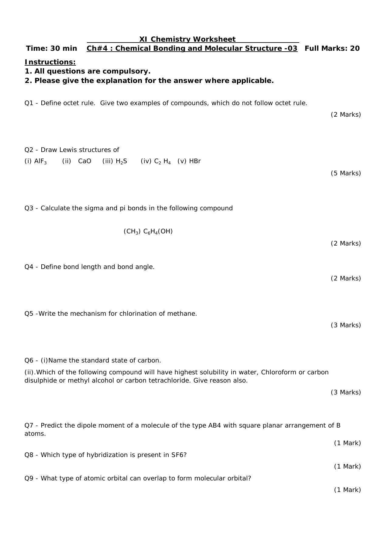 CBSE Worksheets for Class 11 Chemistry Chemical Bonding and Molecular Structure Assignment 3 - Page 1