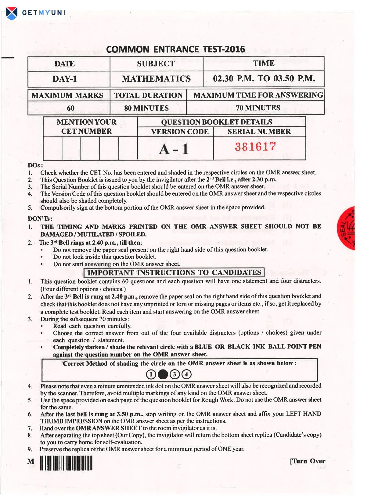 KCET Mathematics 2016 Question Papers - Page 1