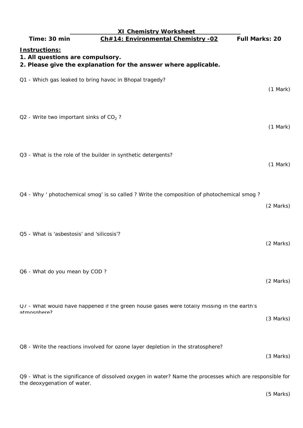 CBSE Worksheets for Class 11 Chemistry Environmental Chemistry Assignment 2 - Page 1