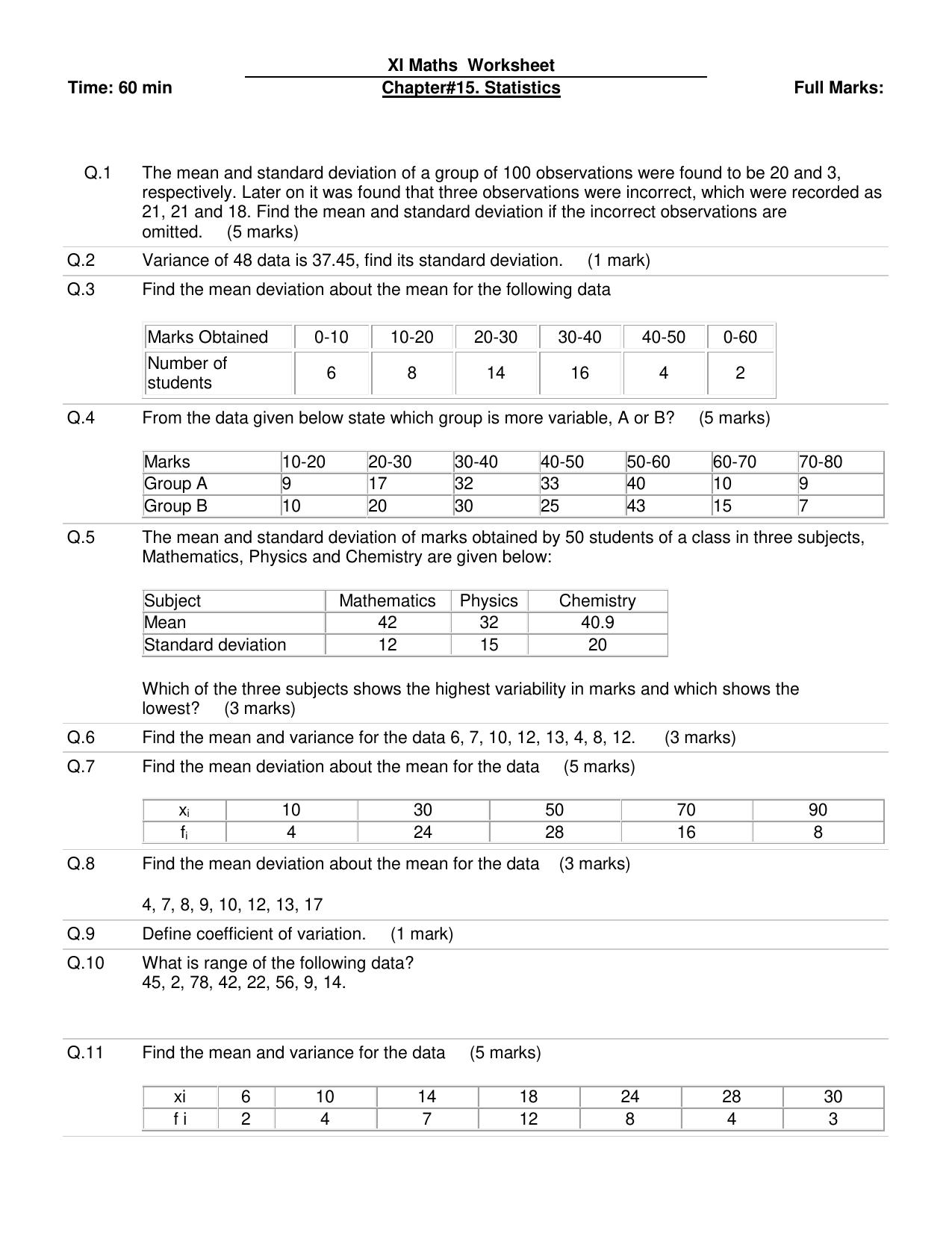 CBSE Worksheets for Class 11 Mathematics Statistics Assignment 1 - Page 1