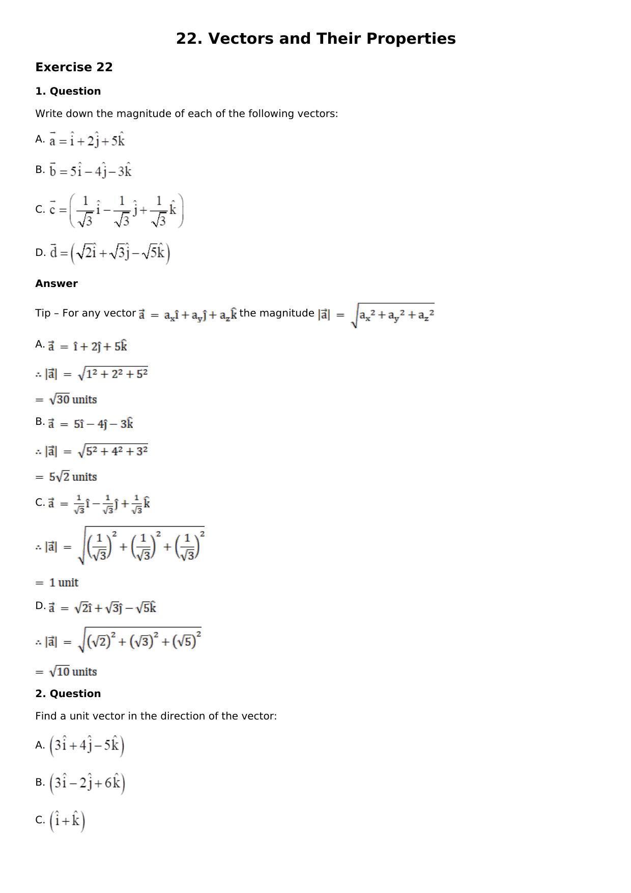 RS Aggarwal Solutions for 12th Class Maths Chapter 22-Vectors and Their ...