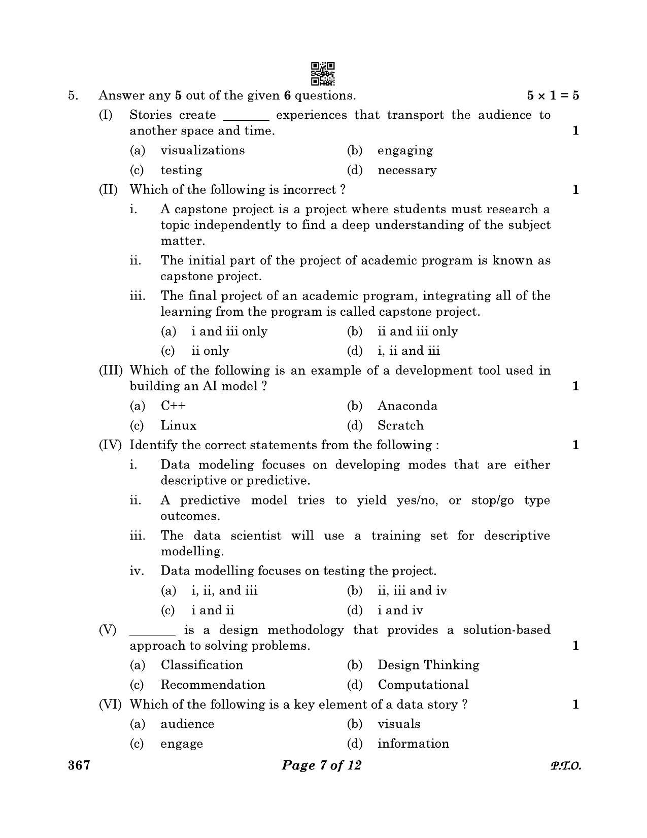 CBSE Class 12 367_Artificial Intelligence 2023 Question Paper ...