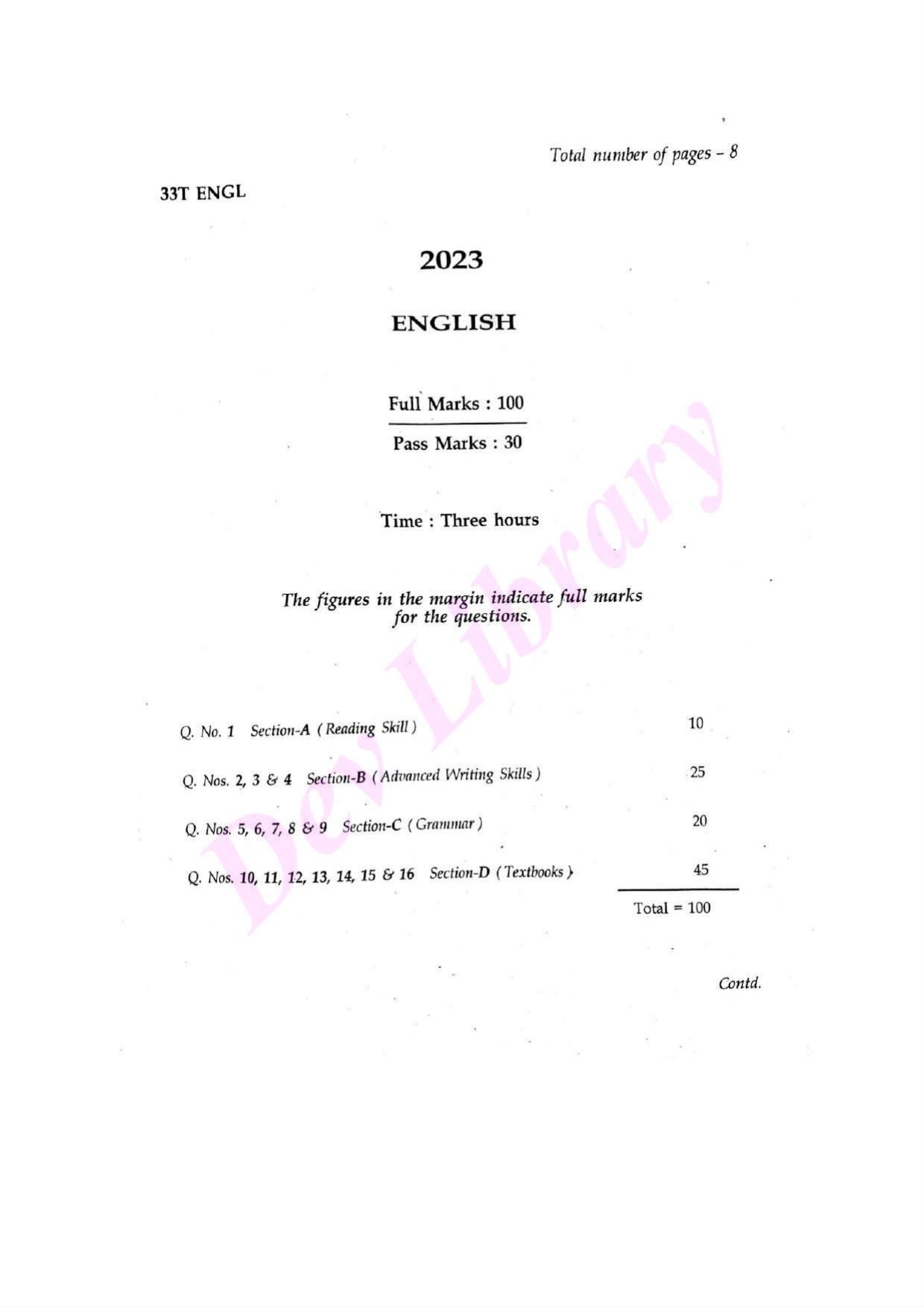 Assam HS 2nd Year English 2023 Question Paper - Page 1