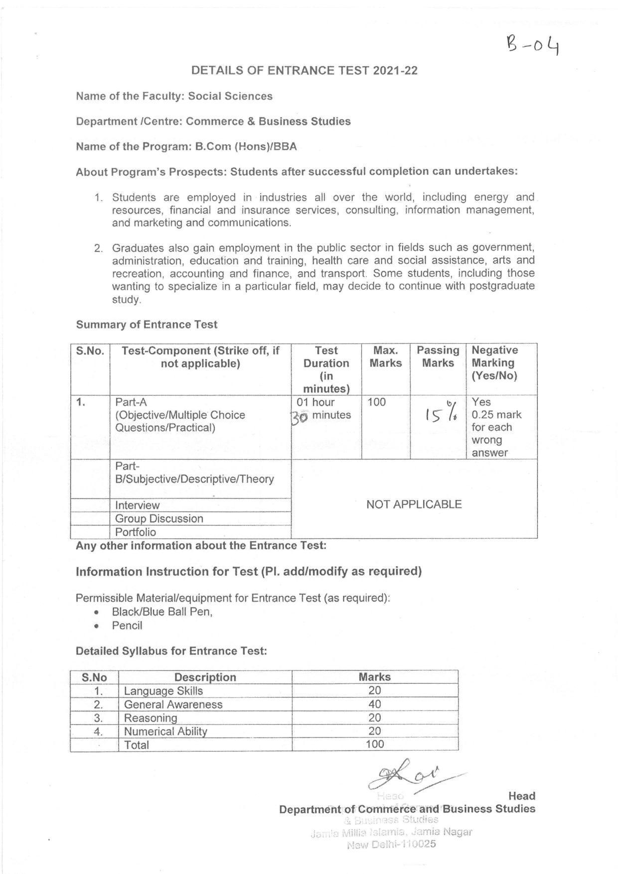 JMI Entrance Exam B04-B.B.A. / B.Com. (Hons) Syllabus - IndCareer Docs