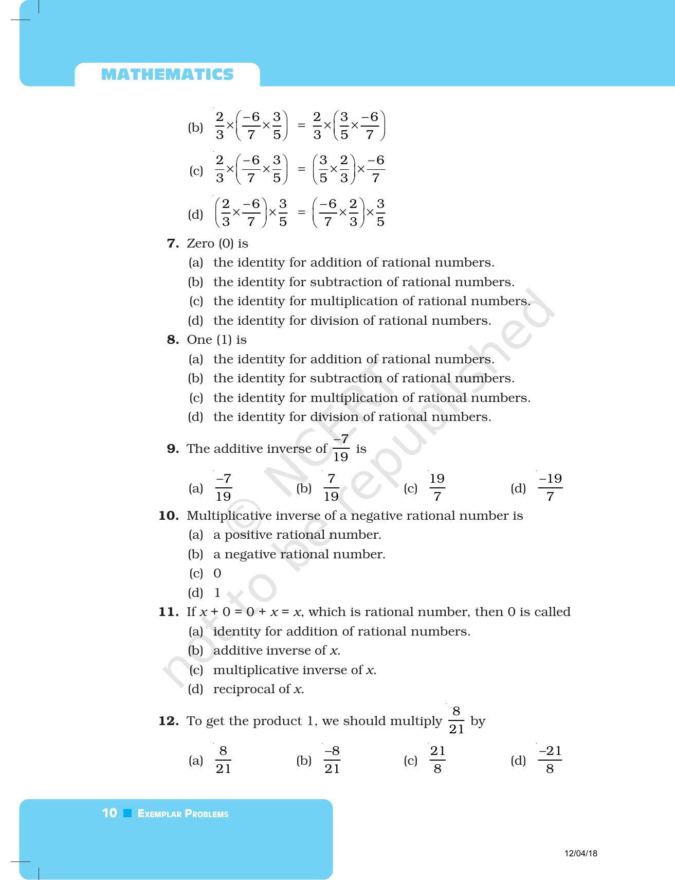 NCERT Exemplar Book For Class 8 Maths Chapter 1 Rational Numbers