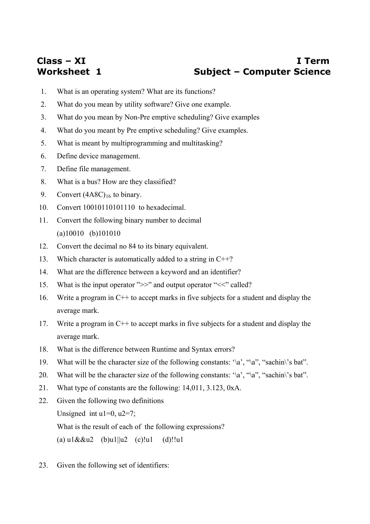 CBSE Worksheets for Class 11 Computer Science Assignment 1 - Page 1