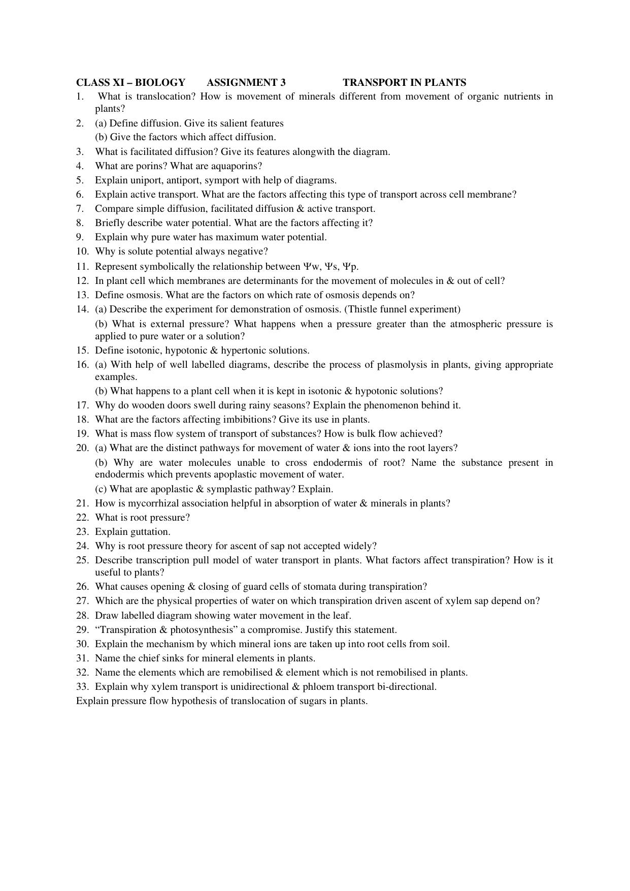 CBSE Worksheets for Class 11 Biology Assignment 3 - Page 1