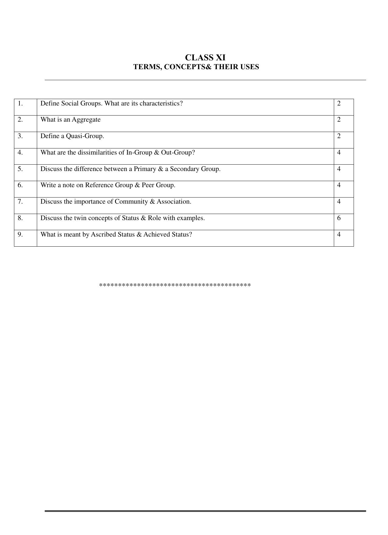 CBSE Worksheets for Class 11 Sociology Terms Concepts and Uses Assignment 2 - Page 1