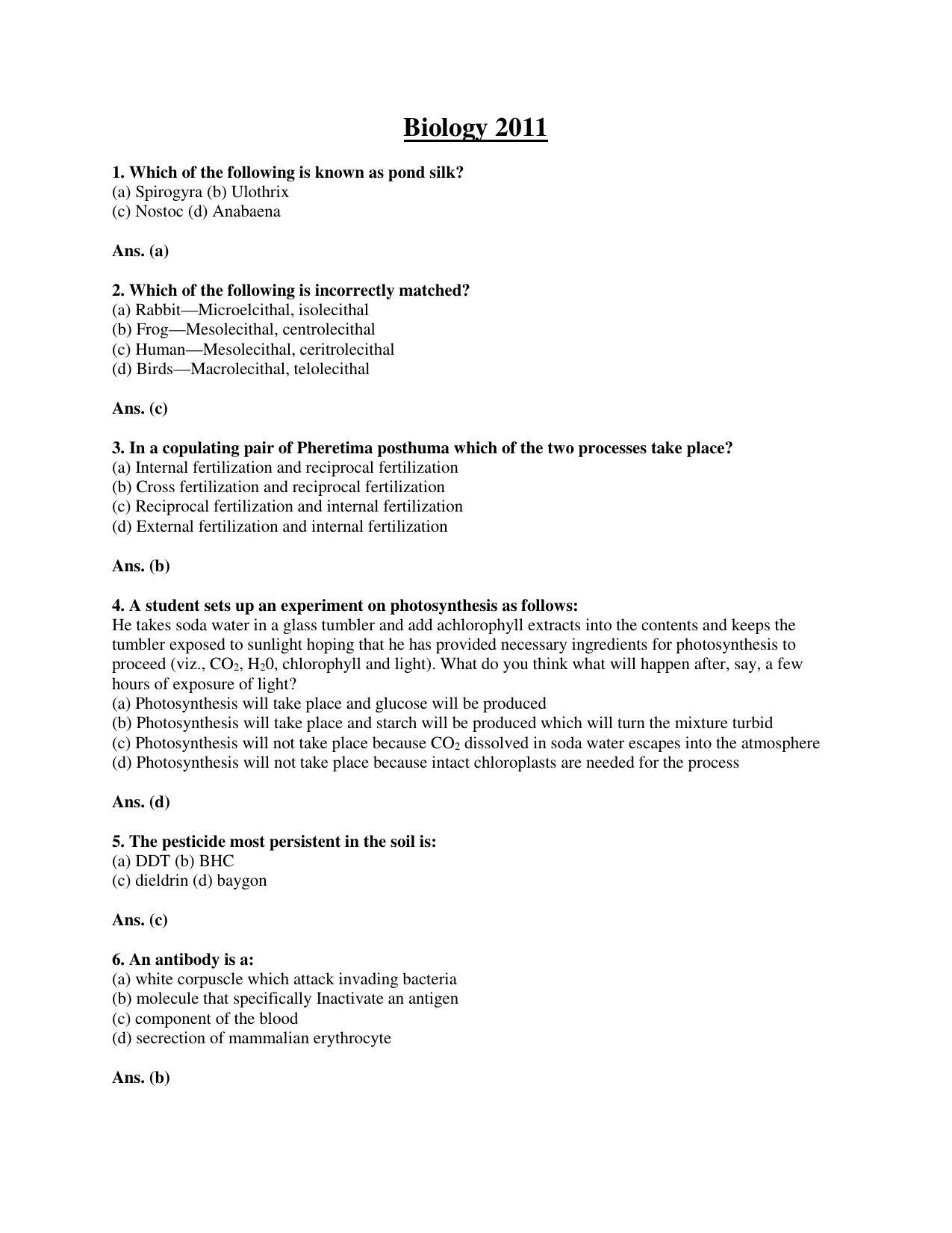 BCECE Previous Year Papers 2011 Biology - Page 1