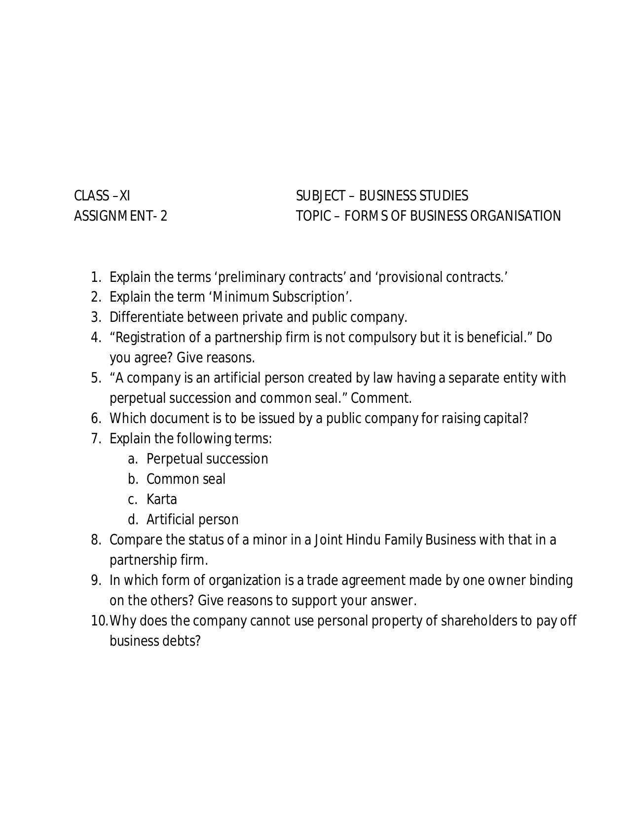 CBSE Worksheets for Class 11 Business Studies Assignment 10 - Page 1