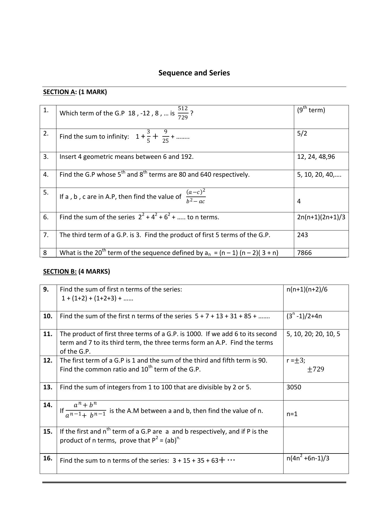 CBSE Worksheets for Class 11 Mathematics Sequences and Series Assignment 2 - Page 1