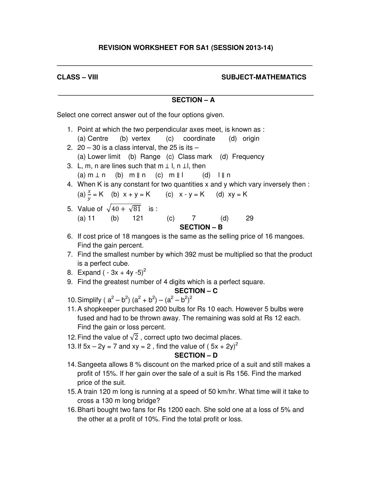 CBSE Worksheets for Class 8 Mathematics Assignment 17 - Page 1