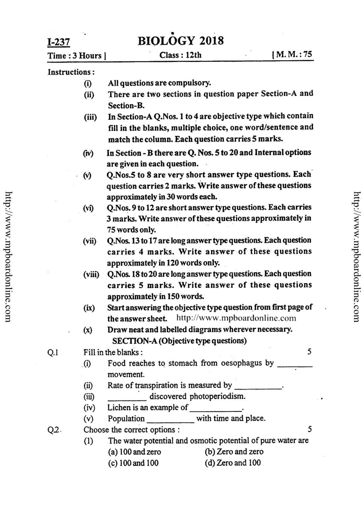 MP Board Class 12 Biology 2018 Question Paper - Page 4