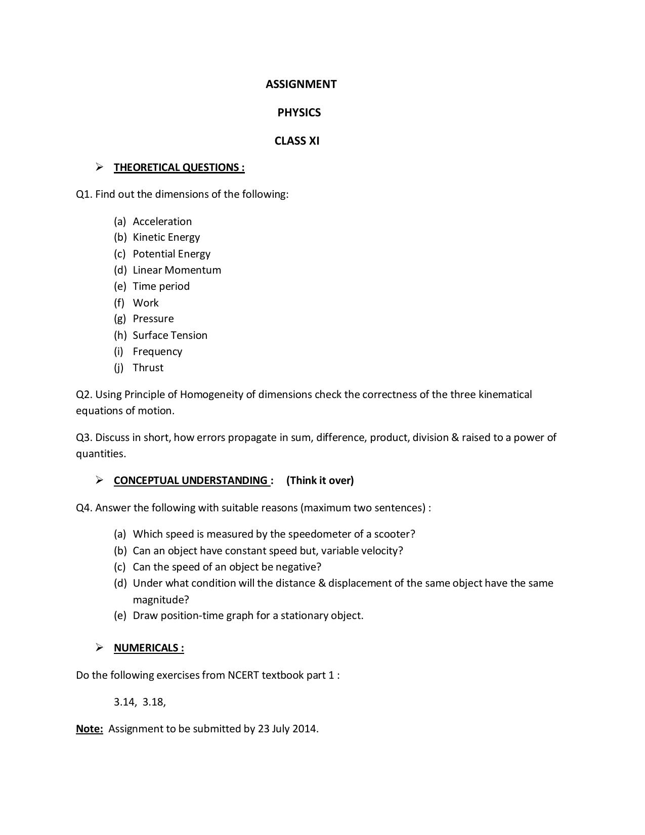 CBSE Worksheets for Class 11 Physics Assignment 4 - Page 1