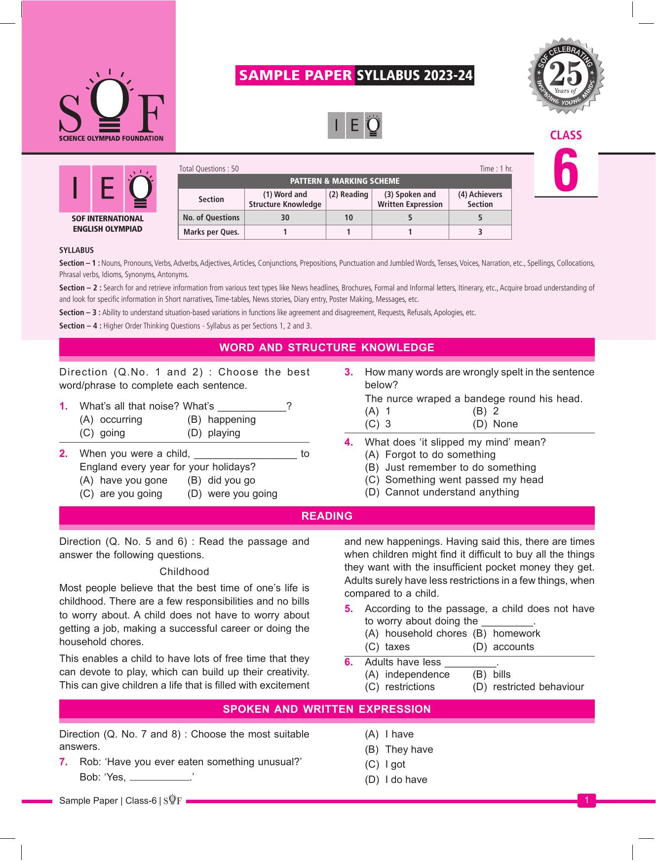 SOF IEO Class 6 (2023-2024) Sample Paper - IndCareer Docs