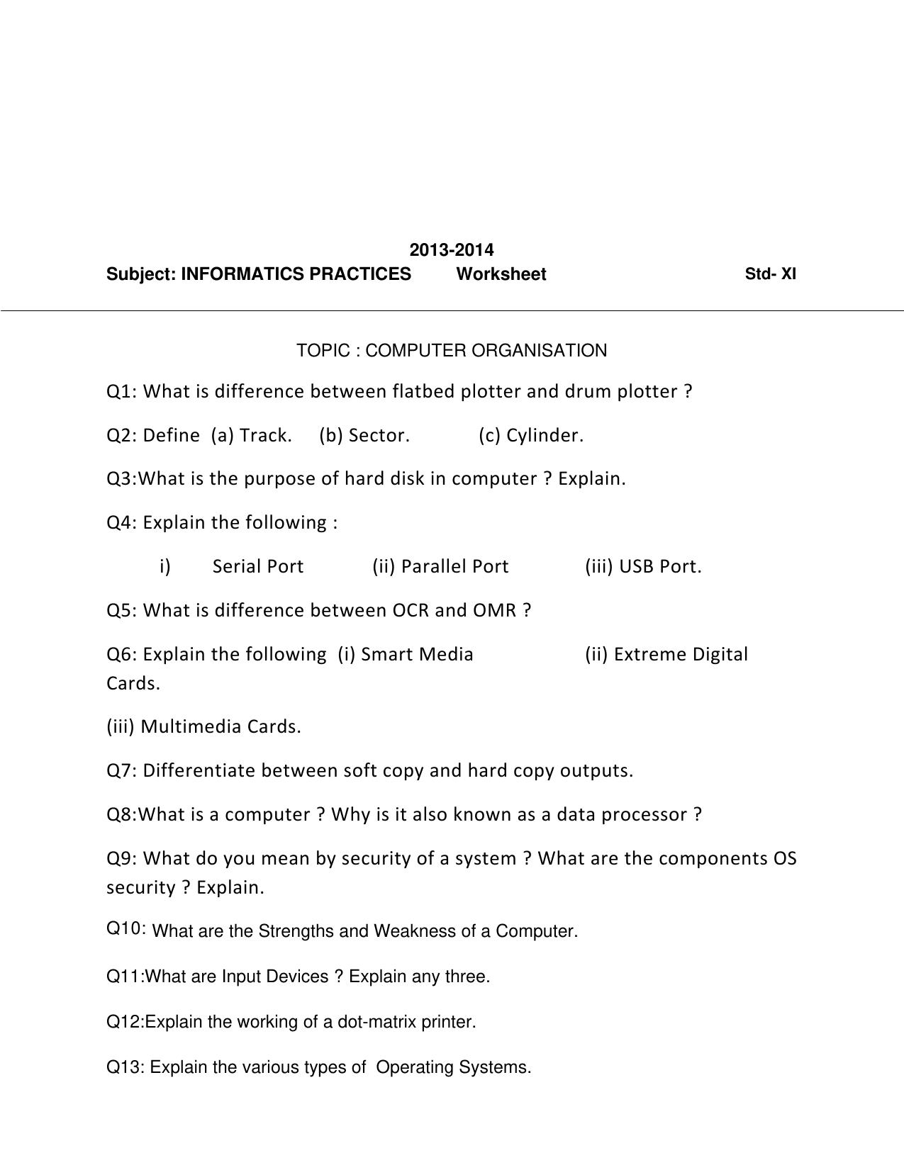 CBSE Worksheets for Class 11 Information Practices Computer Organisation Assignment - Page 1