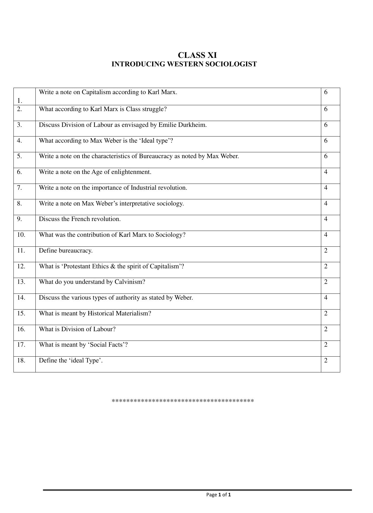 CBSE Worksheets for Class 11 Sociology Western Sociologists Assignment - Page 1