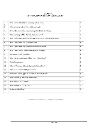 CBSE Worksheets for Class 11 Sociology Western Sociologists Assignment