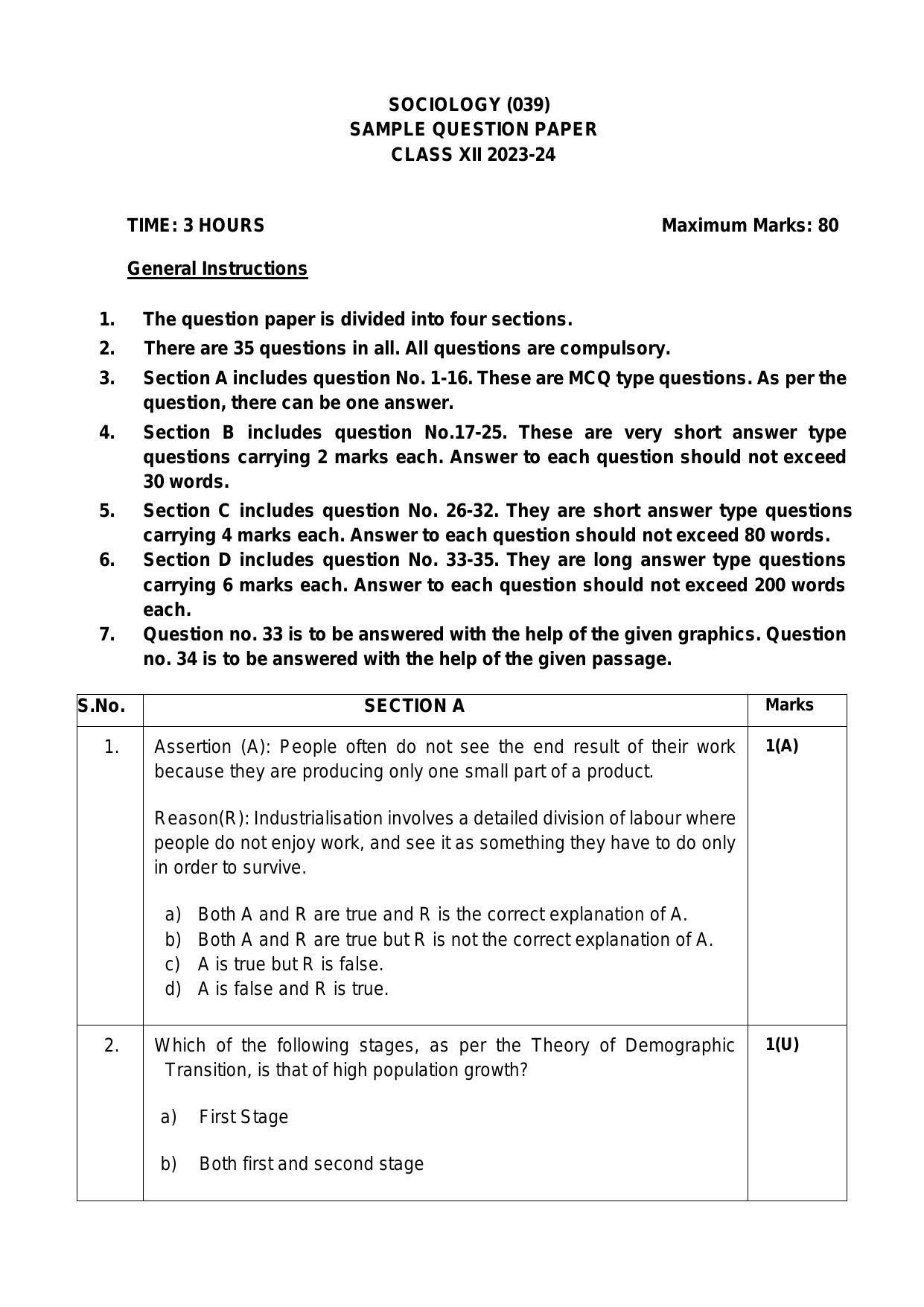 CBSE Class 12 Sociology Sample Paper 2024 IndCareer Docs