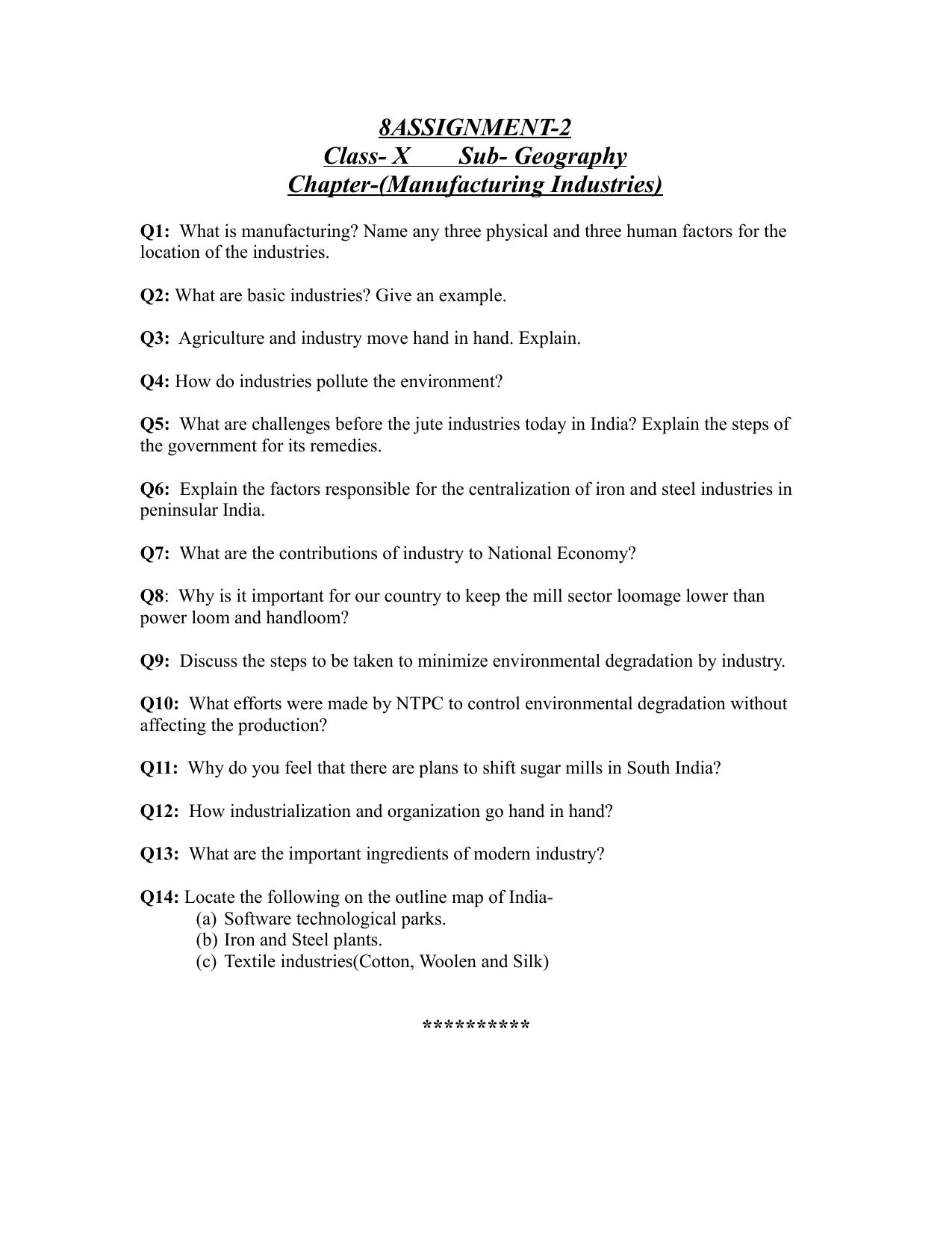 CBSE Worksheets for Class 11 Geography Manufacturing Industries Assignment - Page 1