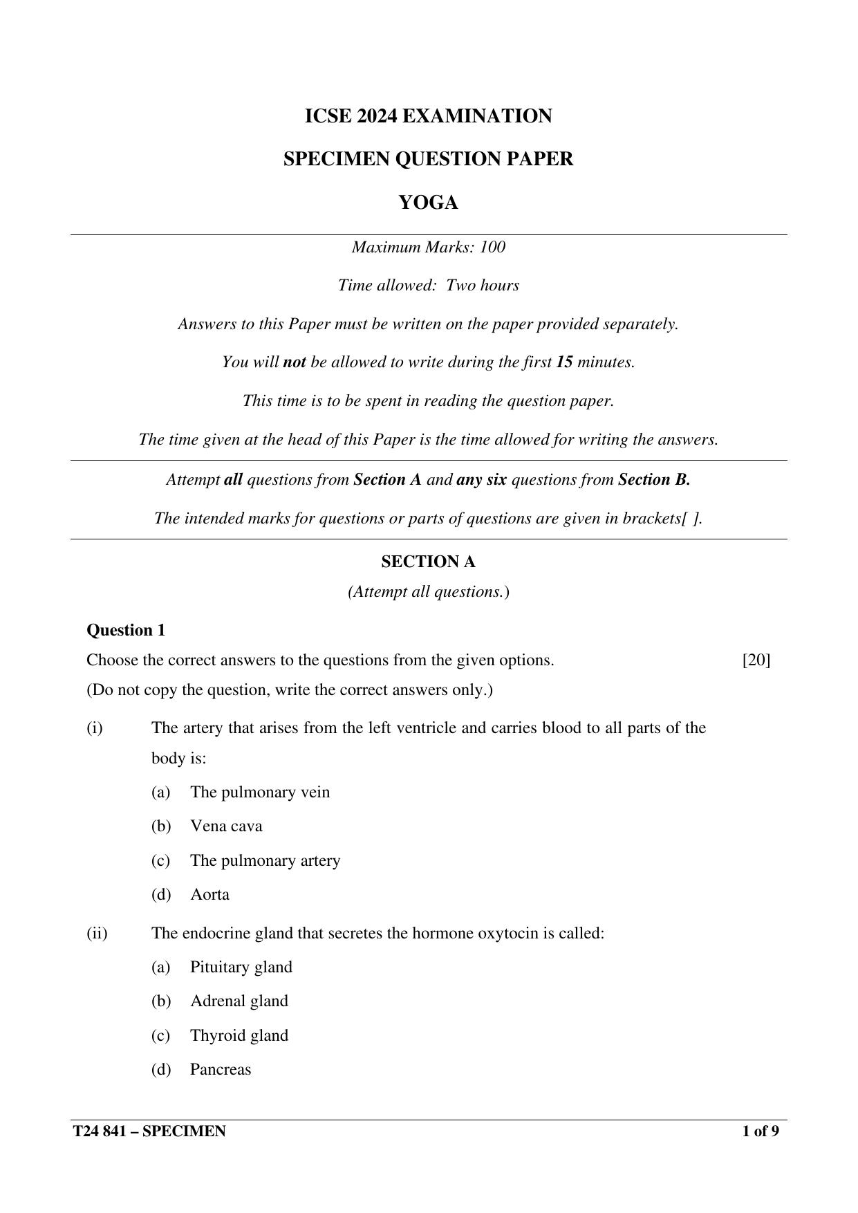 ICSE Class 10  2024 YOGA Sample Paper - Page 1