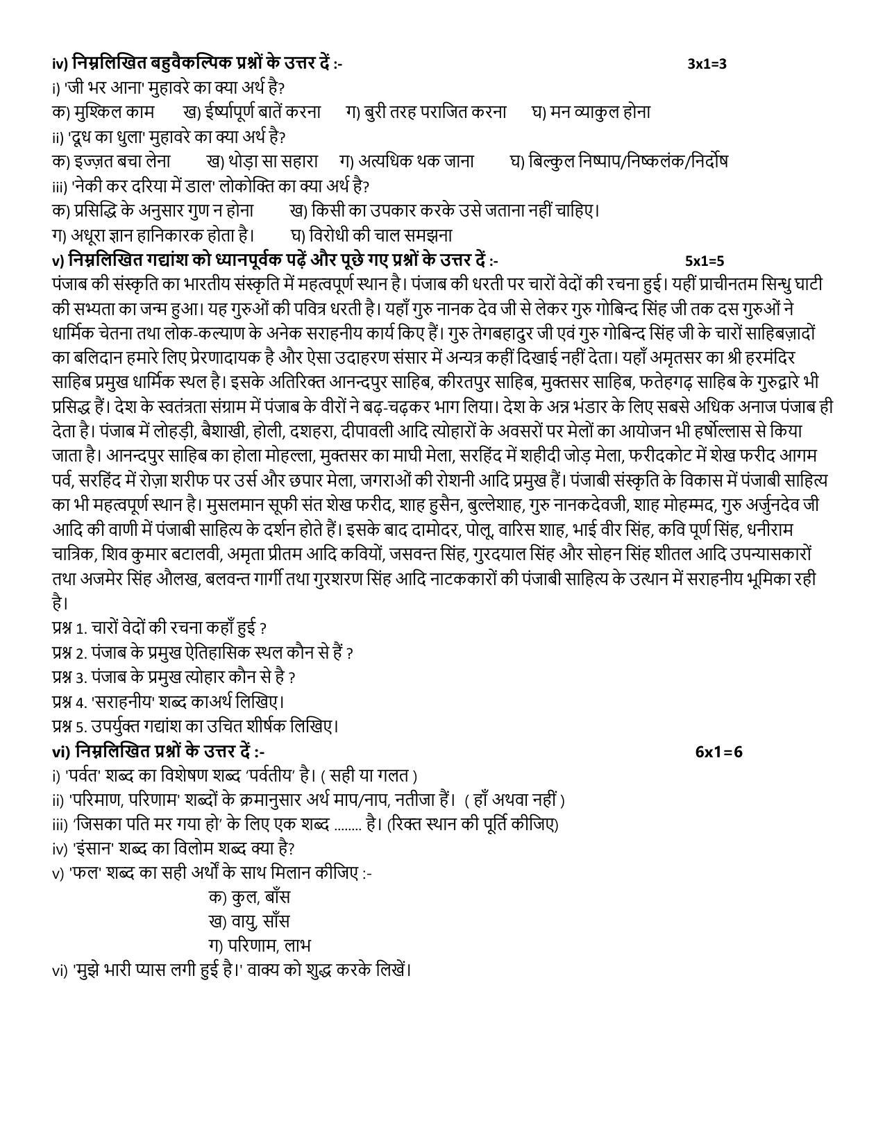 Pseb Class Hindi Model Papers Indcareer Docs