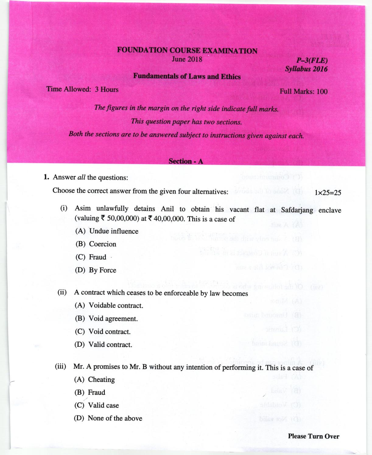 ICMAI June 2018 Fundamentals of Laws and Ethics Question Paper